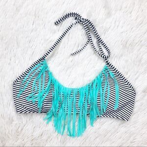 Victoria’s Secret Swim Black White Striped Fringe Bikini Top Small